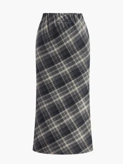 Sale Elastic Waist Checked Slit Skirt Skirts