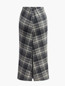 Sale Elastic Waist Checked Slit Skirt Skirts