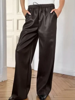 Discount Elastic Waist Drawstring Faux Leather Pants Pants|Bottoms