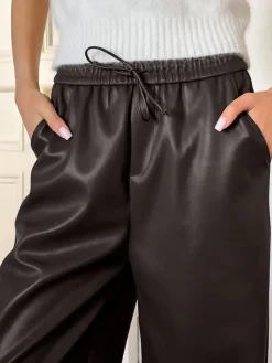 Discount Elastic Waist Drawstring Faux Leather Pants Pants|Bottoms