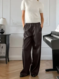 Discount Elastic Waist Drawstring Faux Leather Pants Pants|Bottoms