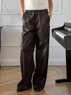 Discount Elastic Waist Drawstring Faux Leather Pants Pants|Bottoms