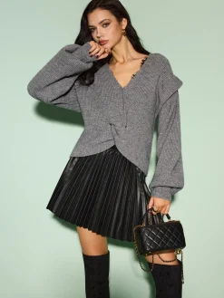 Clearance Elastic Waist Faux Leather Pleated Skirt Bottoms