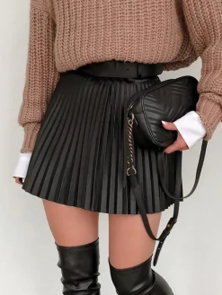 Clearance Elastic Waist Faux Leather Pleated Skirt Bottoms