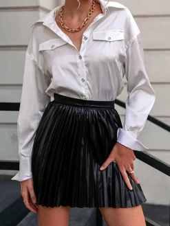 Clearance Elastic Waist Faux Leather Pleated Skirt Bottoms