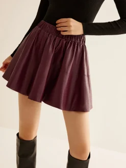 Hot Elastic Waist Pleated PU Leather Skirt Skirts|Bottoms