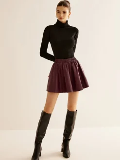 Hot Elastic Waist Pleated PU Leather Skirt Skirts|Bottoms