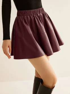 Hot Elastic Waist Pleated PU Leather Skirt Skirts|Bottoms