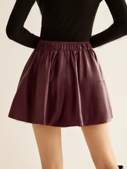 Hot Elastic Waist Pleated PU Leather Skirt Skirts|Bottoms