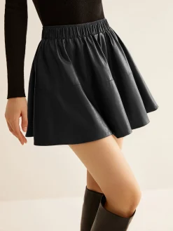 Hot Elastic Waist Pleated PU Leather Skirt Skirts|Bottoms