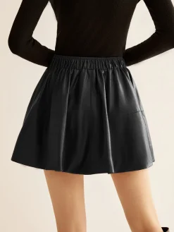 Hot Elastic Waist Pleated PU Leather Skirt Skirts|Bottoms