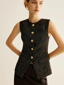 New Elegant Breasted Piping Split Vest Outerwear|Vests