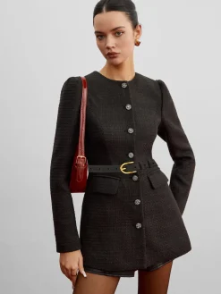 Best Elegant Button Down Tweed Blazer Without Belt Outerwear|Blazers