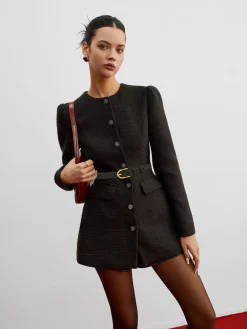 Best Elegant Button Down Tweed Blazer Without Belt Outerwear|Blazers