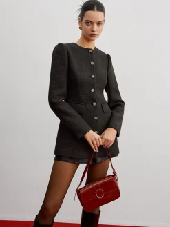 Best Elegant Button Down Tweed Blazer Without Belt Outerwear|Blazers