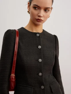 Best Elegant Button Down Tweed Blazer Without Belt Outerwear|Blazers