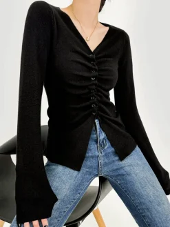 Hot Elegant Button Pleated Knit Top Sweater Tops|Sweaters & Cardigans