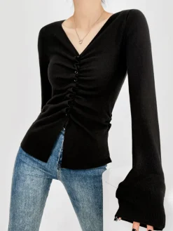 Hot Elegant Button Pleated Knit Top Sweater Tops|Sweaters & Cardigans