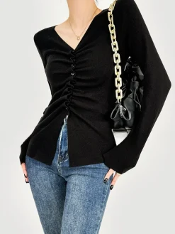 Hot Elegant Button Pleated Knit Top Sweater Tops|Sweaters & Cardigans