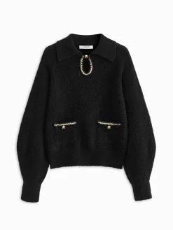 Online Elegant Contrast Binding Keyhole Neckline Polo Sweater Knitwear|Tops