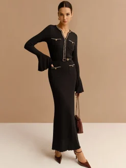 Online Elegant Contrast Binding Ruffle Slim Dress Black Dresses|Casual Dresses