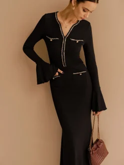 Online Elegant Contrast Binding Ruffle Slim Dress Black Dresses|Casual Dresses