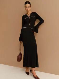 Online Elegant Contrast Binding Ruffle Slim Dress Black Dresses|Casual Dresses