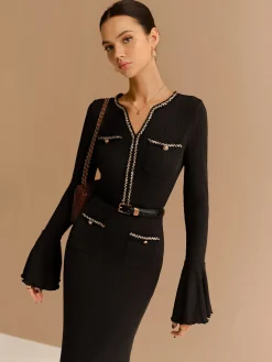 Online Elegant Contrast Binding Ruffle Slim Dress Black Dresses|Casual Dresses