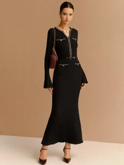 Online Elegant Contrast Binding Ruffle Slim Dress Black Dresses|Casual Dresses