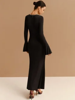 Online Elegant Contrast Binding Ruffle Slim Dress Black Dresses|Casual Dresses