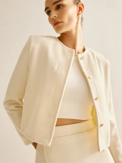 Elegant Crew Neck Tweed Blazer Outerwear|Blazers