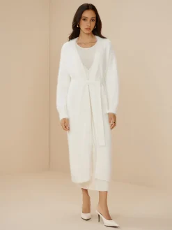 Clearance Elegant Fuzzy Plain Belted Cardigan Cardigans|Sweaters & Cardigans