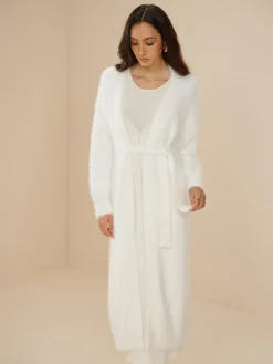 Clearance Elegant Fuzzy Plain Belted Cardigan Cardigans|Sweaters & Cardigans