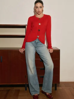 Sale Elegant Metal Button Split Cardigan Cardigans|Sweaters & Cardigans