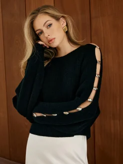 Best Elegant Metal-Detail Cutout Sweater Sweater Tops|Sweaters & Cardigans