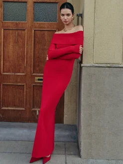 Discount Elegant Off-Shoulder Sweater Long Dress Sweater Dresses|Work Dresses
