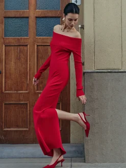 Discount Elegant Off-Shoulder Sweater Long Dress Sweater Dresses|Work Dresses