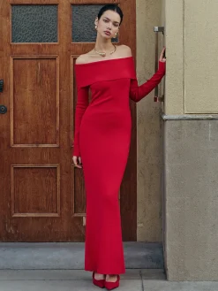 Discount Elegant Off-Shoulder Sweater Long Dress Sweater Dresses|Work Dresses