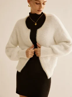 Best Elegant Pearl Trim Fuzzy Cardiagn Cardigans|Sweaters & Cardigans