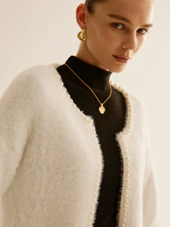 Best Elegant Pearl Trim Fuzzy Cardiagn Cardigans|Sweaters & Cardigans