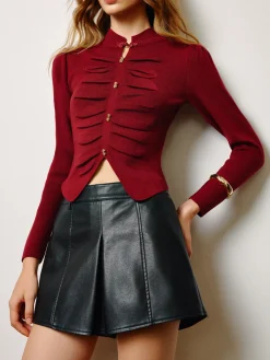 Outlet Elegant Pleated Slit Slim Blouse Tops