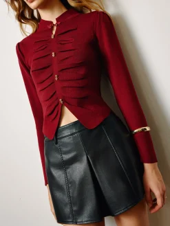 Outlet Elegant Pleated Slit Slim Blouse Tops
