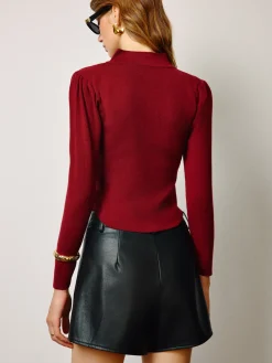 Outlet Elegant Pleated Slit Slim Blouse Tops