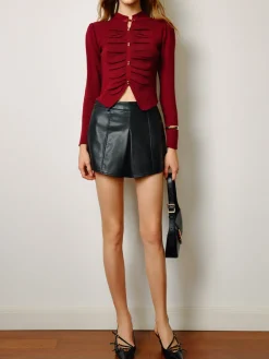 Outlet Elegant Pleated Slit Slim Blouse Tops