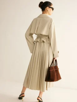 Elegant Pleated Trench Coat With Belt Outerwear|Coats