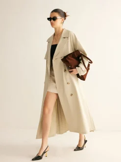 Elegant Pleated Trench Coat With Belt Outerwear|Coats