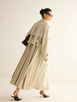Elegant Pleated Trench Coat With Belt Outerwear|Coats