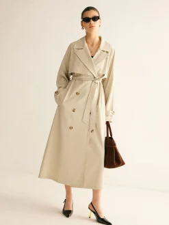 Elegant Pleated Trench Coat With Belt Outerwear|Coats