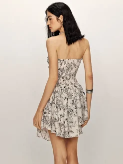Elegant Printed Ruffle Tube Dress White Dresses|Casual Dresses