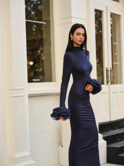 Clearance Elegant Ruffle Split Jersey Long Dress Cocktail & Party Dresses|Long Dresses